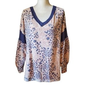 BUCKETLIST Blue and Pink Leopard Waffle Trim Fleece Pullover Long Sleeve V-Neck